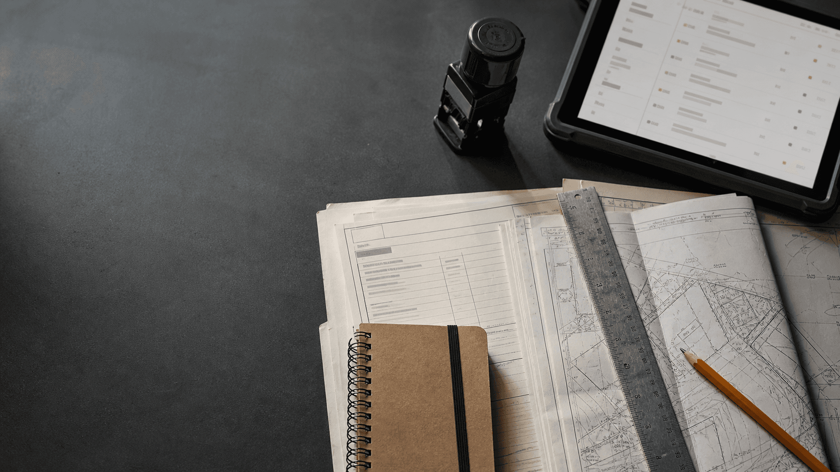 A contractor's desk beside a list of local commercial project records