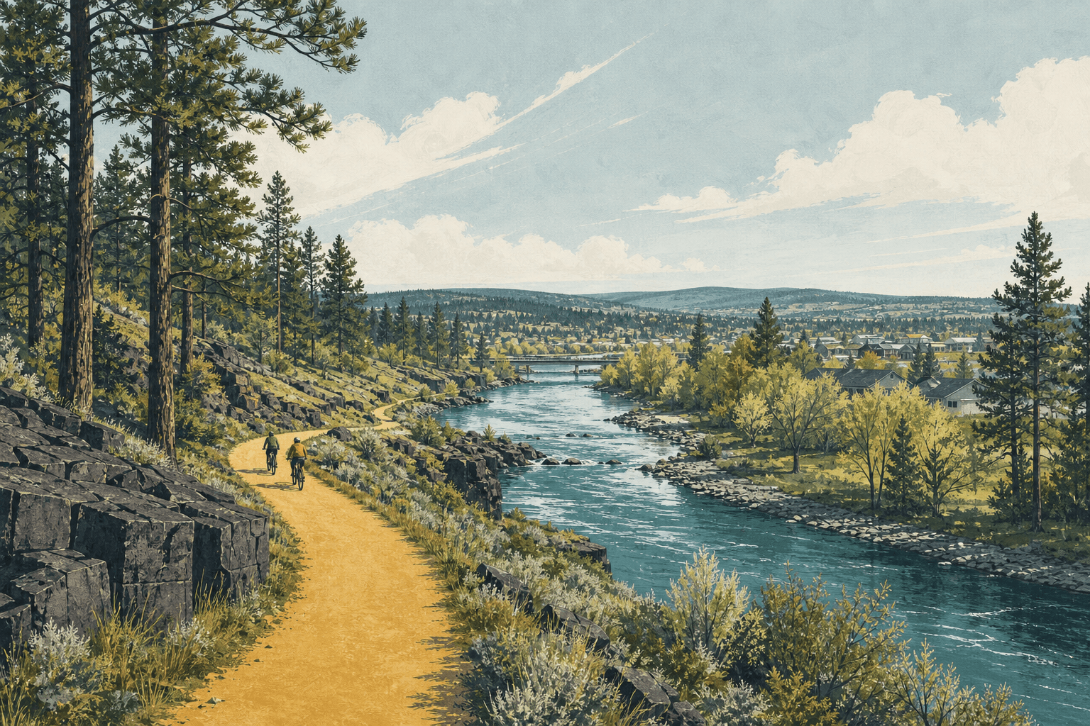 Editorial illustration of cyclists following the Centennial Trail between Spokane and Coeur d’Alene