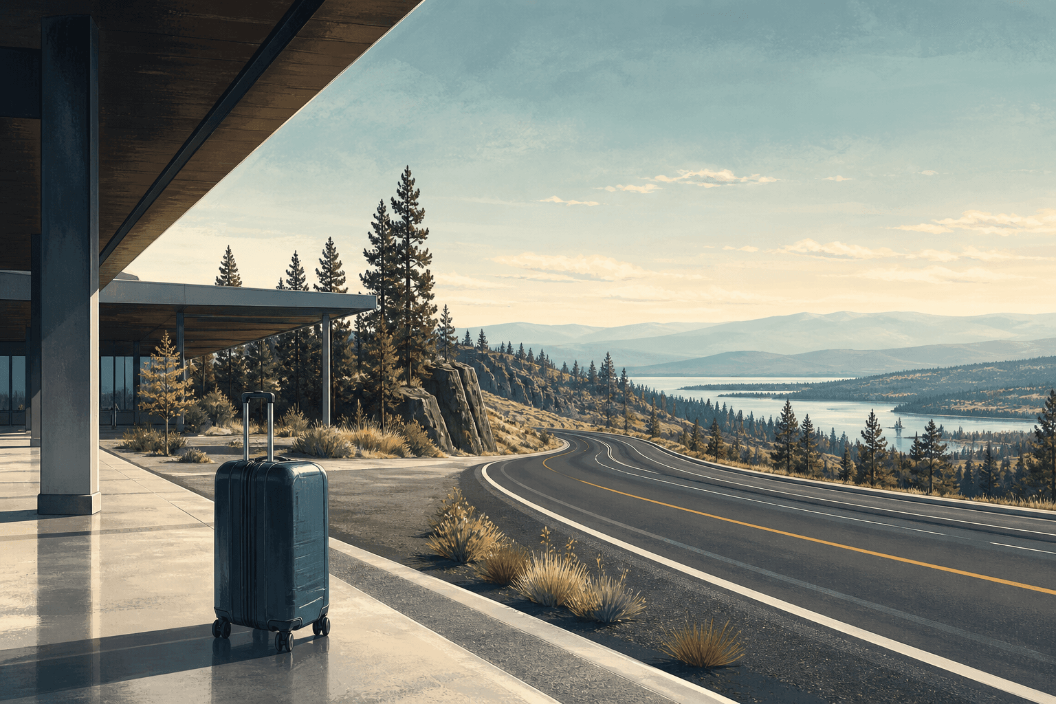 Editorial illustration of a traveler planning the route from Spokane International Airport to Coeur d’Alene